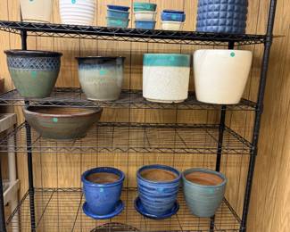 Misc Glazed Pots and Hanging Baskets, as well as Shelves