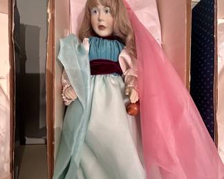 Porcelain collector doll, teal gown, pink veil, in box
