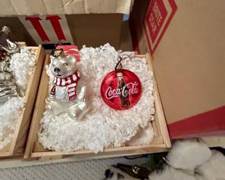 Glass Coca-Cola & polar bear Christmas ornaments, pair