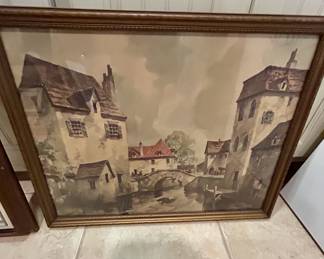 Vintage framed European village canal print