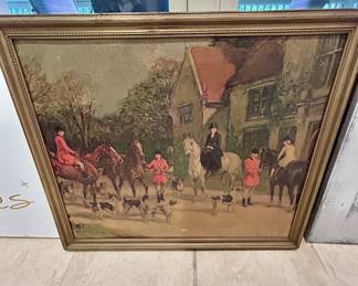 Vintage English fox hunt tapestry print, gilt frame