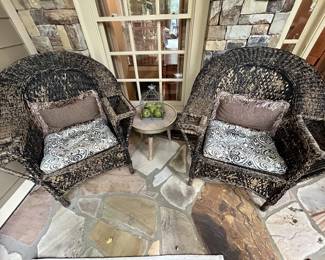 Wicker patio chairs with cushions, pair, plus side table