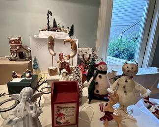 Christmas decor lot: snowmen, angel, village pieces, ornaments