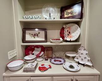 Christmas dishware lot: platters, bowls, trays, Santa plate
