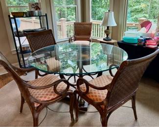 Glass top rattan dining table with 4 chairs