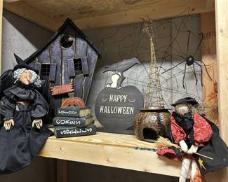 Halloween decor lot: witch dolls, haunted house, spider web