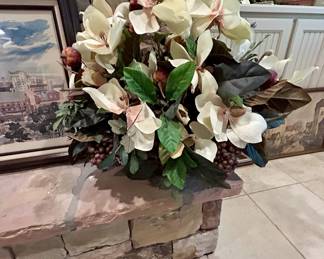 Large artificial magnolia floral arrangement, mantel decor