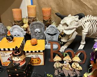 Large Halloween decor lot: skeleton, tombstones, tins, figurines