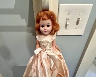 Vintage hard plastic doll, red hair, satin gown
