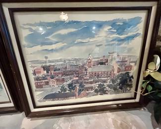 Framed watercolor cityscape print, signed artist, downtown skyline