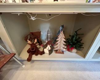 Christmas decor lot: plush moose, snowman, wood trees