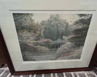 Signed artist proof print, garden bridge scene, framed