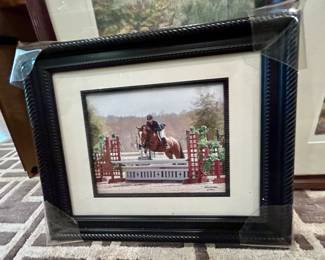 Framed equestrian show jumping photograph, black frame