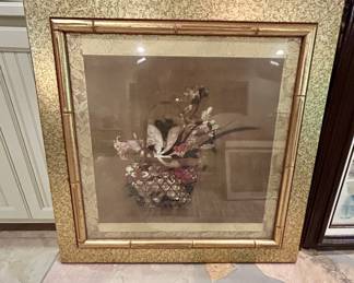 Gilt bamboo-frame floral basket print, large