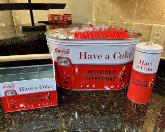 Coca-Cola tin party set: tub, caddy, straw canister