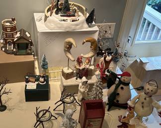 Large lot Christmas village figurines, snowmen, decor
