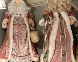 Pair vintage pink velvet Victorian Santa figures, tapestry robes
