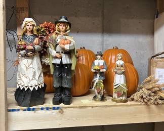 Thanksgiving pilgrim figurines and faux pumpkins decor lot