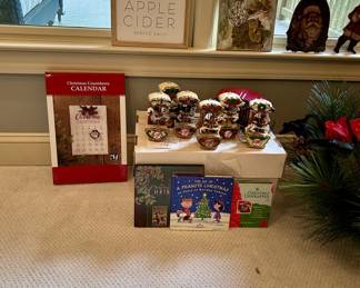 Christmas carousel ornament collection, decor, and holiday books lot