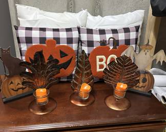 Halloween decor lot: pillows, leaf candle holders, cutouts