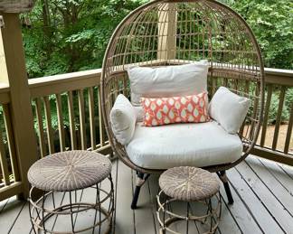 Wicker egg chair with cushions plus 2 stools