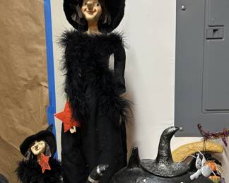 Tall folk-art Halloween witch figures with feather boas, pair