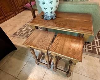 Oak nesting tables, set of 3, with ginger jar lamp