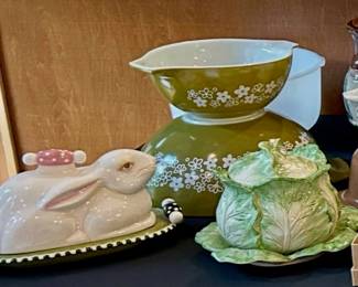 Vintage Pyrex Crazy Daisy green bowls, cabbage tureen, bunny dish