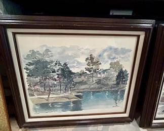 Framed signed watercolor landscape print, lake scene