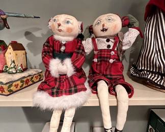 Pair plaid folk-art Christmas figures, boy and girl, long legs