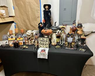 Large lot Halloween decor figurines, witches, pumpkins, signs