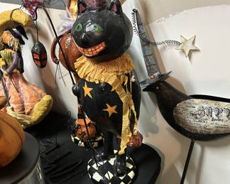 Whimsical paper mache witch cat Halloween figure