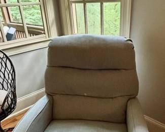 Seafoam blue upholstered swivel glider armchair