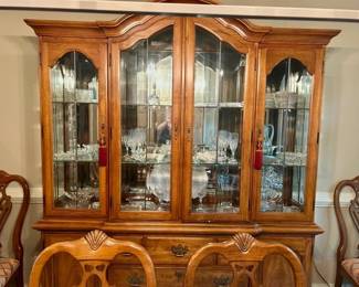 Traditional wood china cabinet, lighted display, glass doors