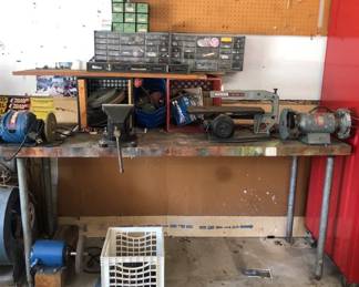 Work Bench With Power Tools Attached To Bench Including Stanley Level