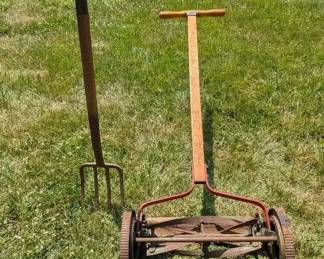 Antique Potato Fork With FN Manual Lawn Mower