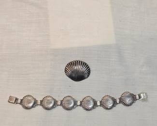Sterling Silver Seashells Bracelet And Brooch