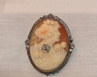 Antique Sterling Cameo With Diamond