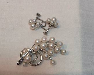 Sterling And Pearls Brooch And Earring Set