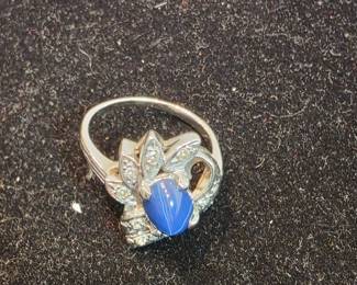 14k White Gold Ring With Star Sapphire And Small Diamonds