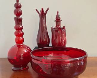 Handblown Ruby Red Art Glass Lot 4 Pcs Swung Vase, Bowl, Bubble and Tulip Decanters