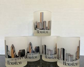 Vintage Neiman Marcus Houston Skyline Frosted Glass Tumblers Set of 5, Gold Black