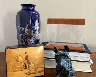 Decor Lot  Swiss Inlaid Wood Jewelry Box, Teak Napkin Holder, Metal Scottish Terrier, Ceramic Vase