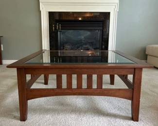 Ethan Allen Glass Top Square Wooden Coffee Table, Mission Style