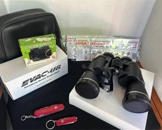 Outdoor and Survival Items Lot Binoculars, Swiss Army Knives, Escape Smoke Hood, Compass, more