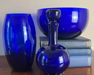 Camarasa Mexico Cobalt Blue Art Glass Lot  Decanter, Bowl, Vase, 3 Pcs
