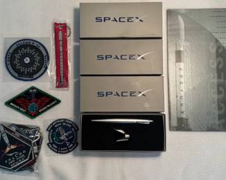 SpaceX Memorabilia Collectible Lot 6 Pens, Mission Patches, Keychain Falcon 9 Booklet