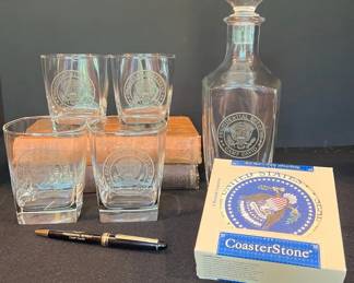 Rare Presidential Seal Camp David Whiskey Decanter, 4 Rocks Glasses Coasters, Card Holder, Pen