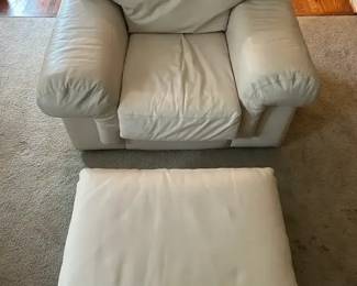 1993 Cantoni Luxury Italian Leather Armchair and Matching Ottoman Set, Cream Oyster Color