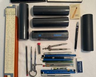 Vintage Drafting Writing Instruments Lot Cross 12K Gold Filled Pen Set, Apple Ballpoint Pens Etc